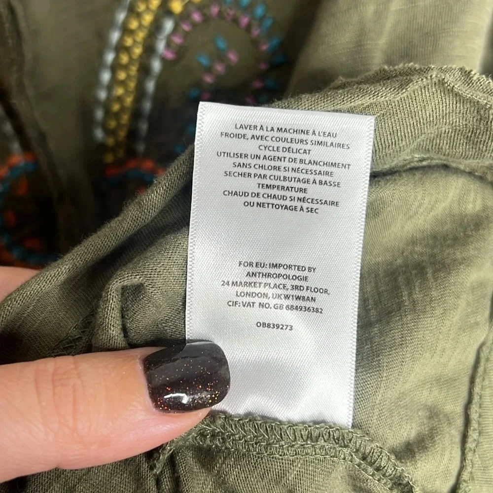 AKEMI + KIN Anthropologie Embroidered Henley Top Boho Olive Green S